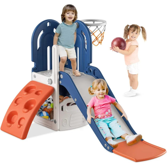 4 in 1 Toddler Slide, Slide with Basketball Hoop and Ball, Indoor Outdoor