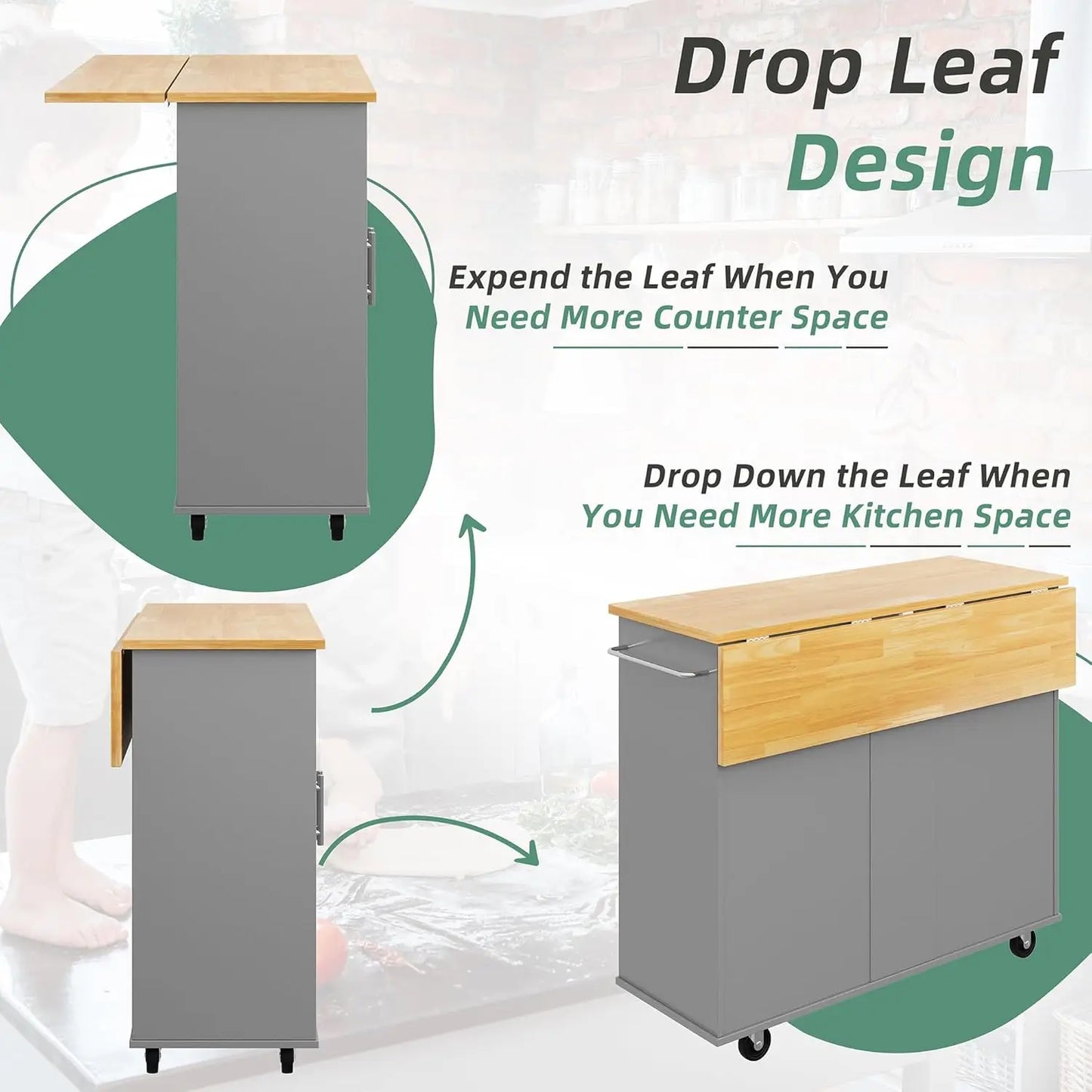 Rolling Kitchen Island Cart with Folding Drop Leaf Breakfast Bar, Portable Trolley