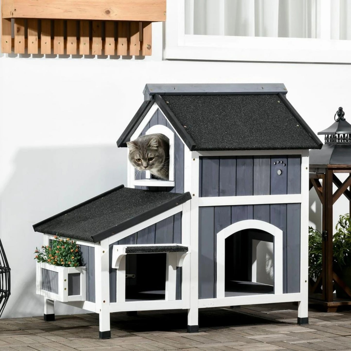 Outdoor Cat House with Weather-resistant Roof & Garden Bed,