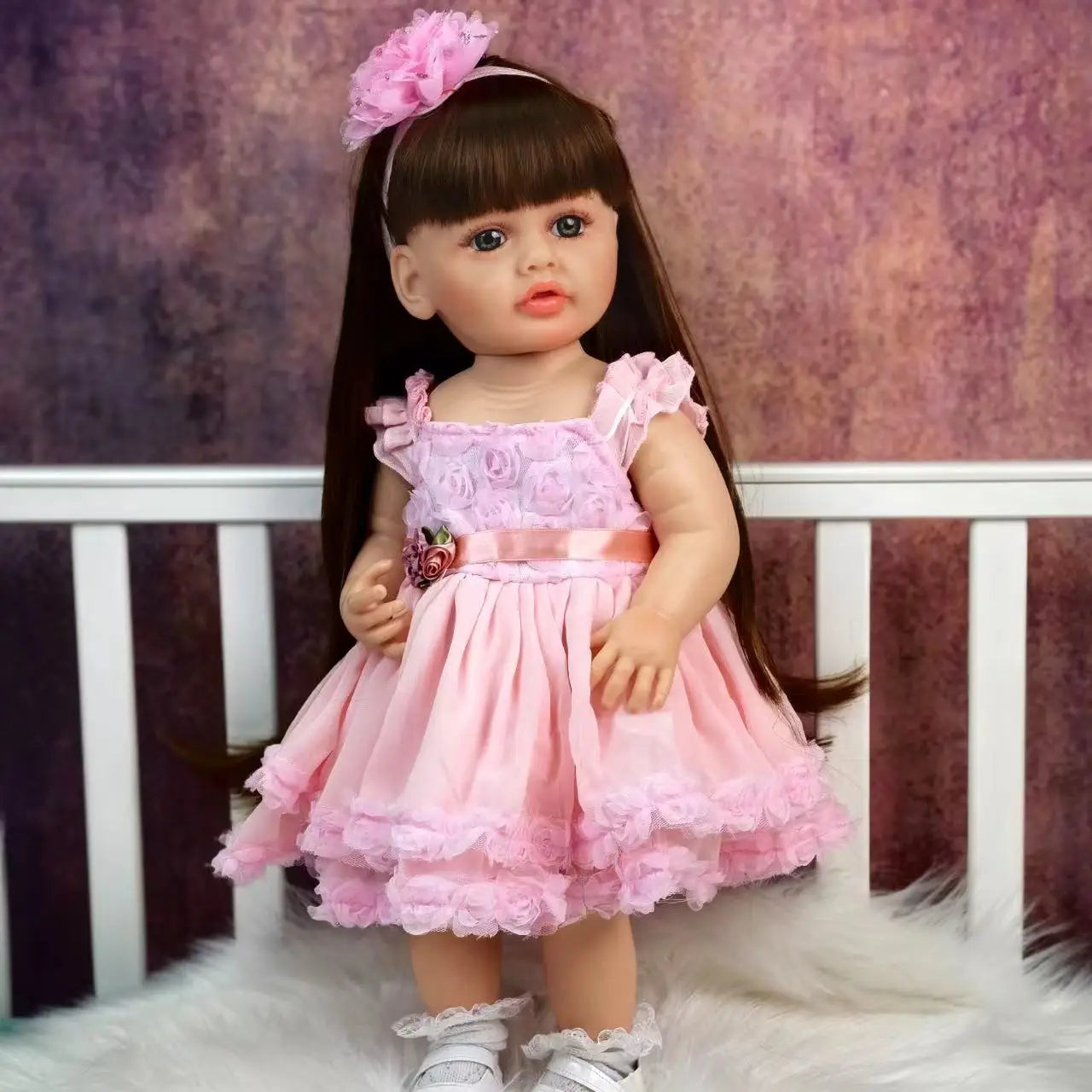 Reborn Baby Doll Realistic 55 cm Full Silicone Vinyl Body Long Brown Hair