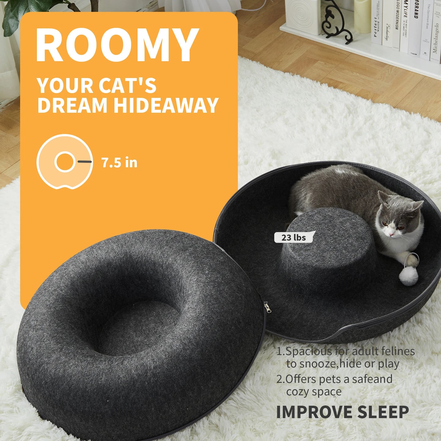 24 Inch Large Donut Cat Bed - Spacious  Cats Up to 30 Lbs, Detachable and Washable Cover