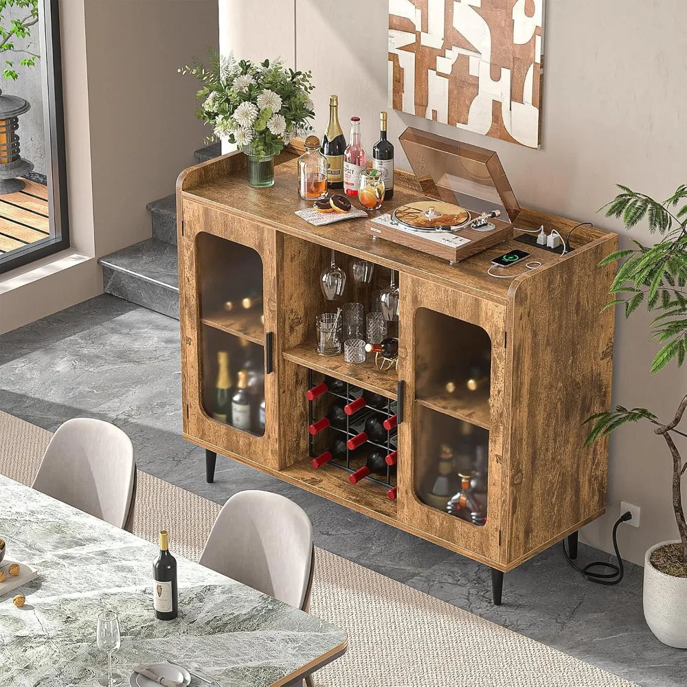 Wine Bar Cabinet with Power Outlet, Liquor Cabinet Bar LED Light and Glass Holder, Home Coffee Bar