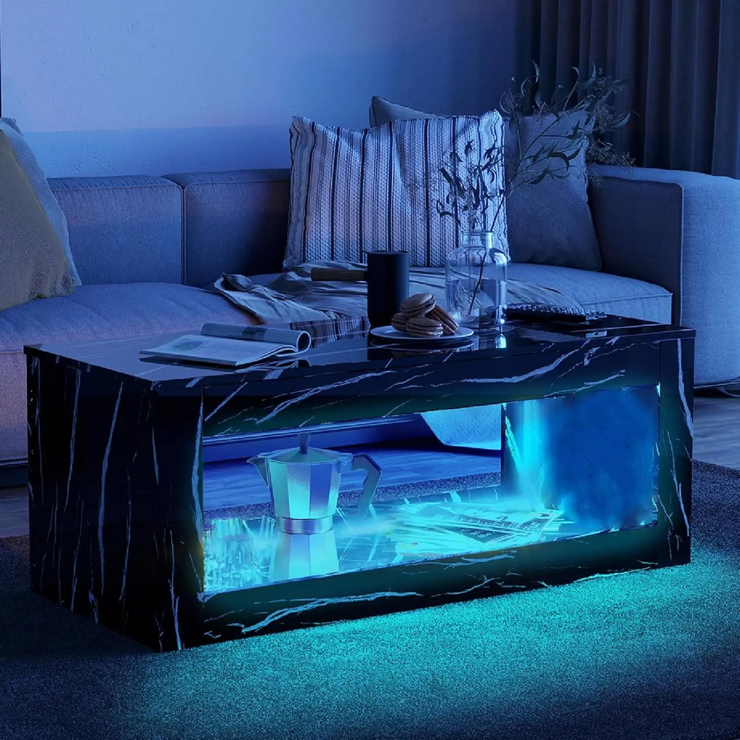 47.2inch Coffee Table with Large Open Storage, Modern  Coffee Table with 16 Colors LED Lights