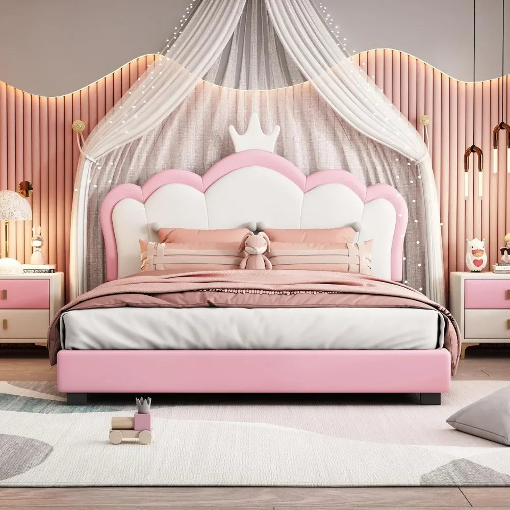 Bed frame, children's soft cushion day frame headboard, wooden princess low floor bed, easy to assemble,