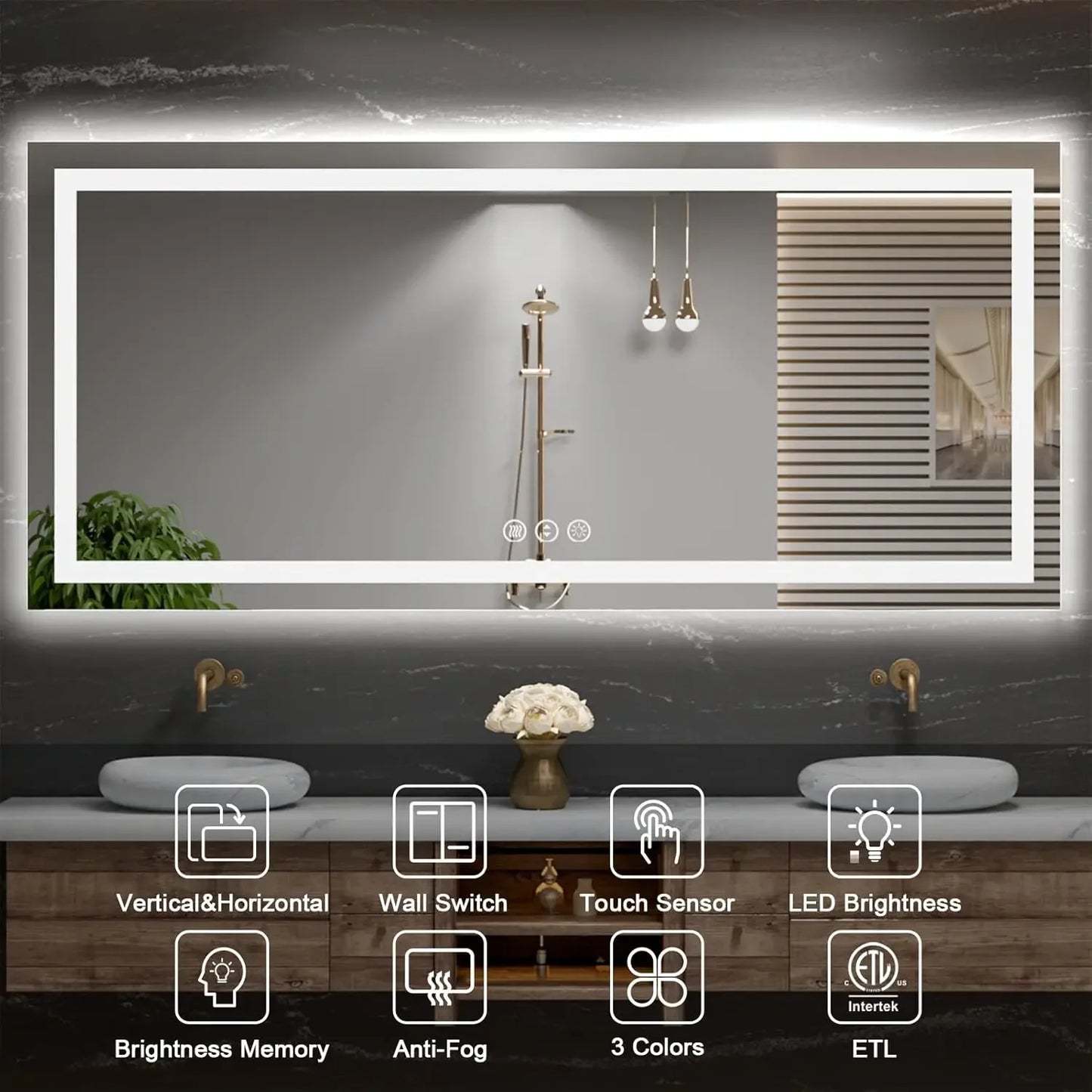 84"x 40" LED Mirror for Bathroom with Front and Backlight Large Dimmable Wall Mirrors with Anti Fog