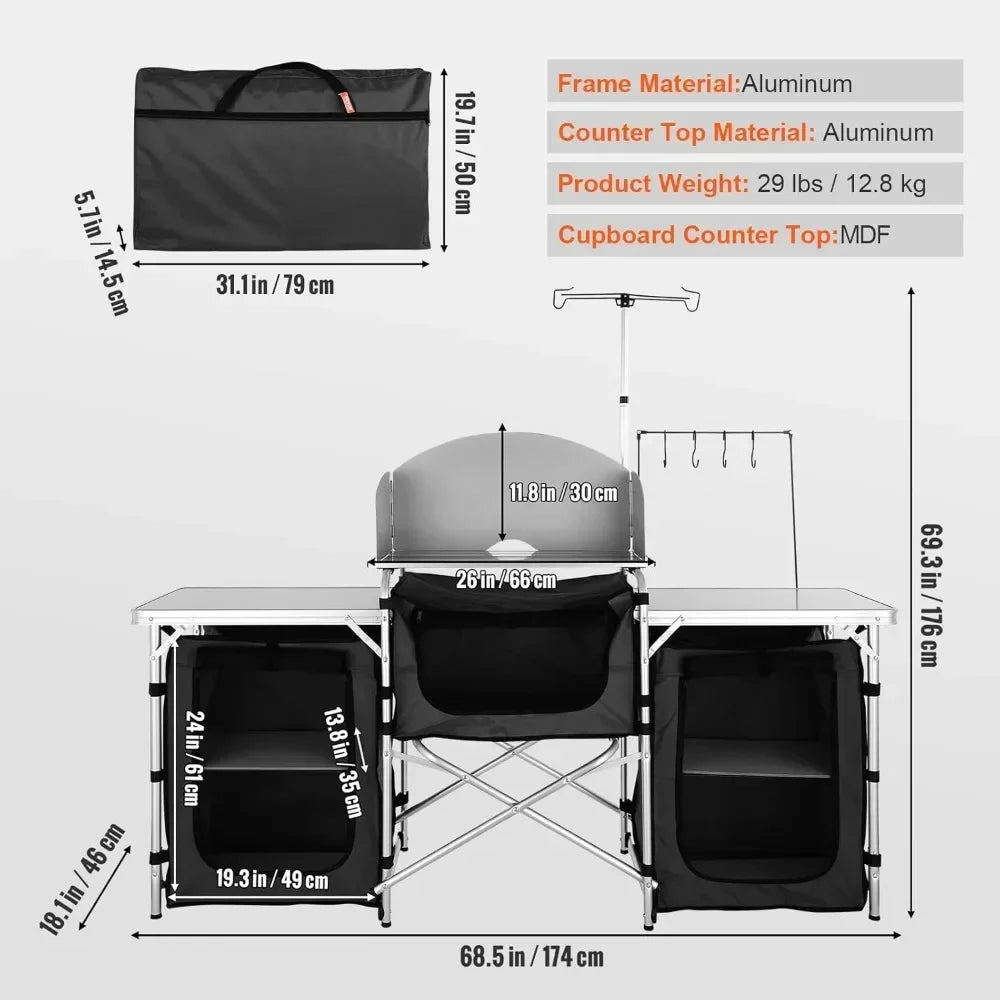 Camping Kitchen Table, Folding Outdoor Cooking with Storage Carrying Bag, Aluminum