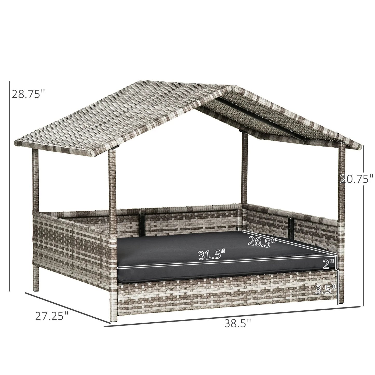 Elevated Wicker Dog House Raised Rattan Pet Bed Cabana w/ Cushion Canopy Grey