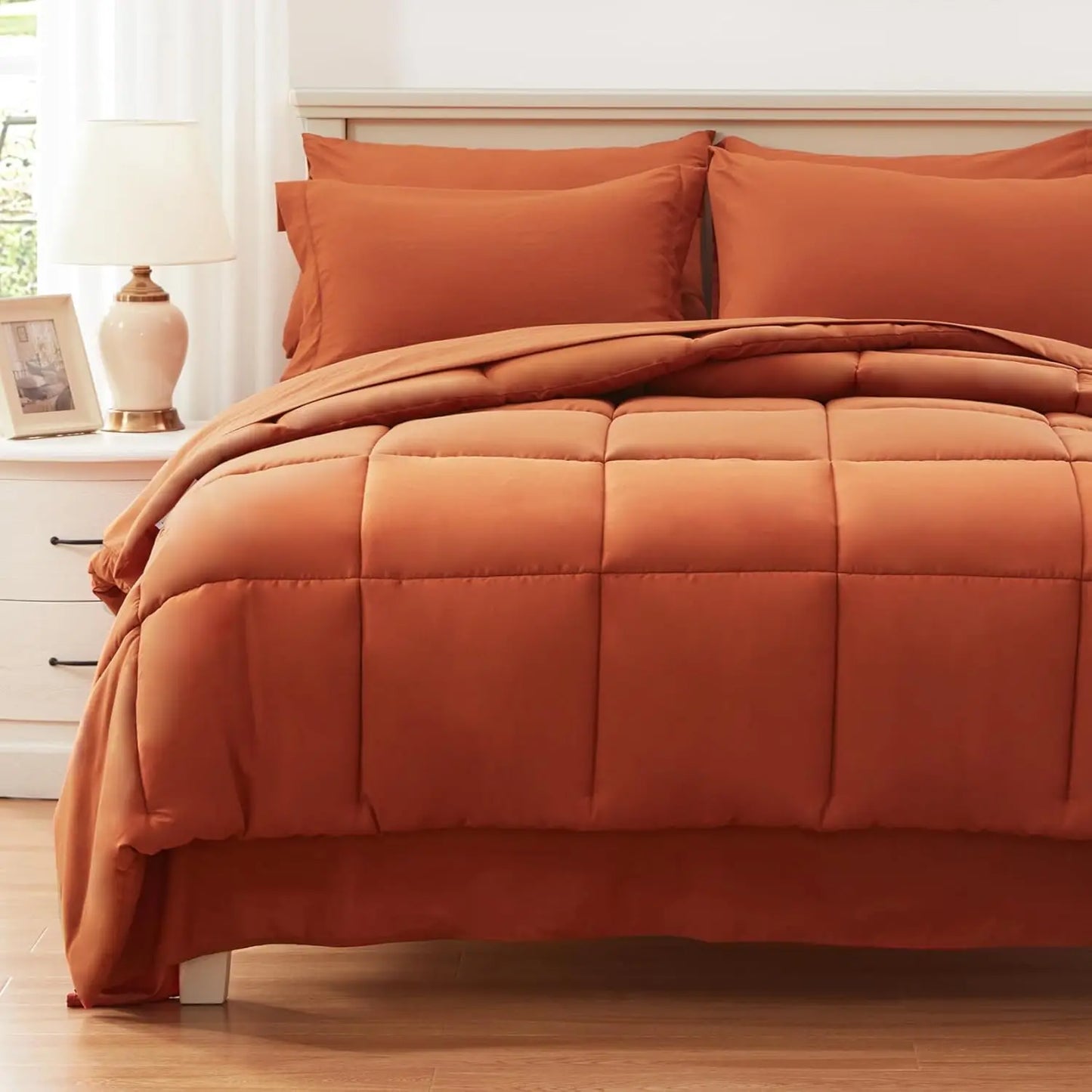 Queen Comforter Set 7 Piece, Burnt Orange Bed in a Bag with Sheets, All Season Sets