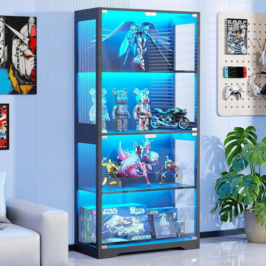 Display Cabinet with Glass Doors, Storage Cabinet with 3 Color Light, 4-Tier  for Collectibles,