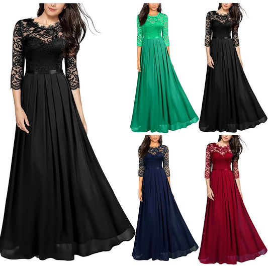 Solid Color Elegant Dresses for Women Lace Chiffon Hollowed Pleated Large Hem A-Line