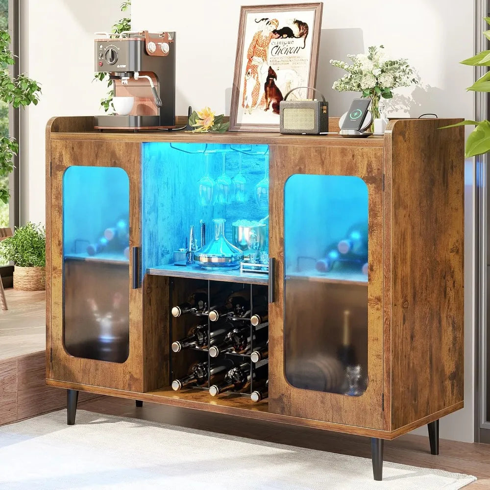 Wine Bar Cabinet with Power Outlet, Liquor Cabinet Bar LED Light and Glass Holder, Home Coffee Bar