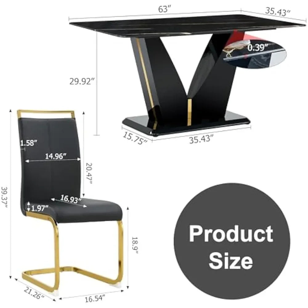 7 Pieces Modern Black Dining Table Set  Marble Table Chair Set of 6  Leather