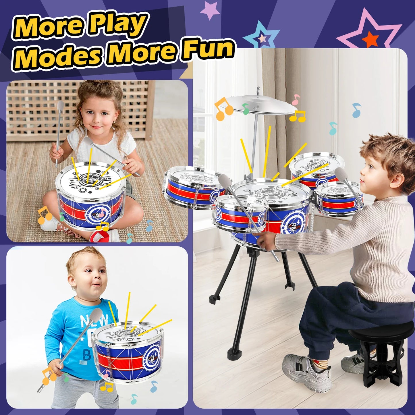 Kids  Drum Sets for  Beginners  with Stool &  5 Drums Musical Instruments