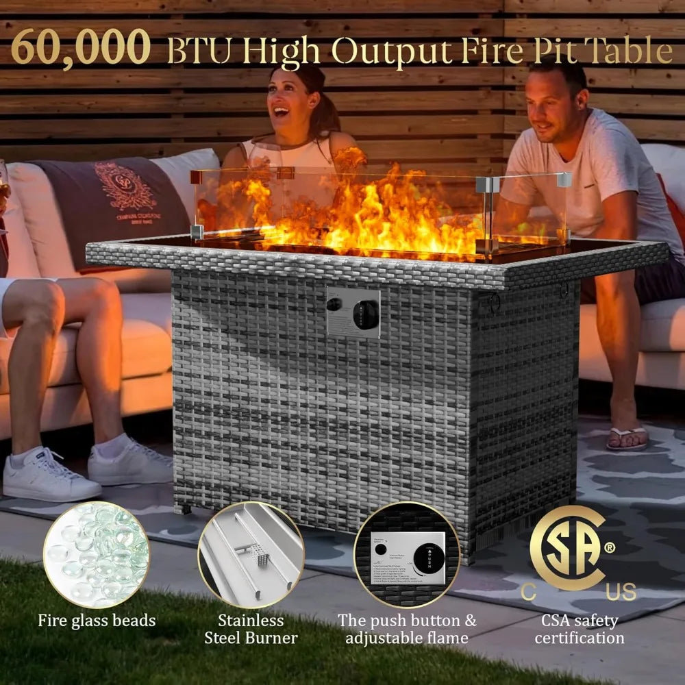 44-Inch Fire Pit Table, Glass Top, Hand Weave Rattan, Wind Guard, Waterproof Cover,