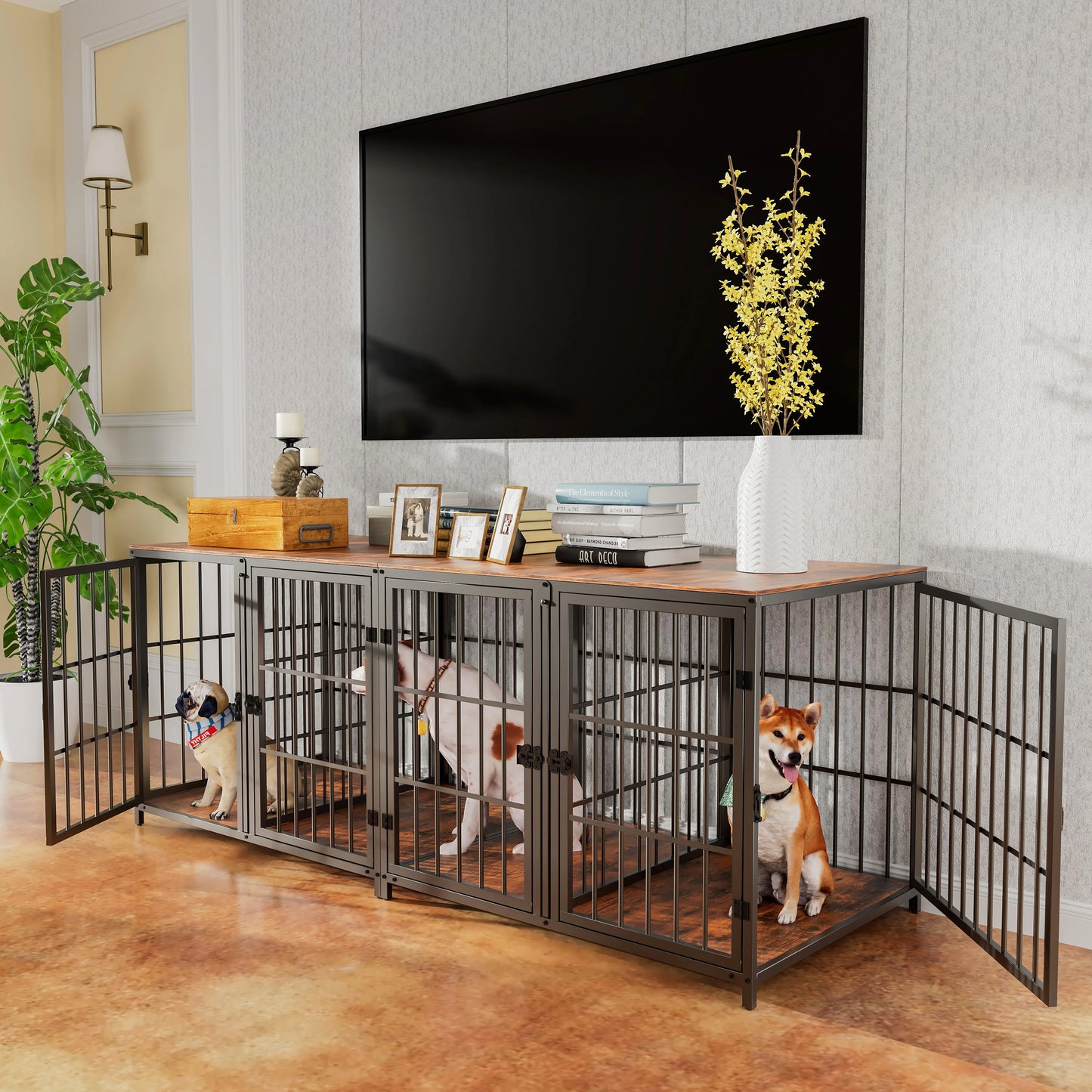 Heavy Duty Dog House End Table Furniture with Four Doors and Lock Latches Divider Wood