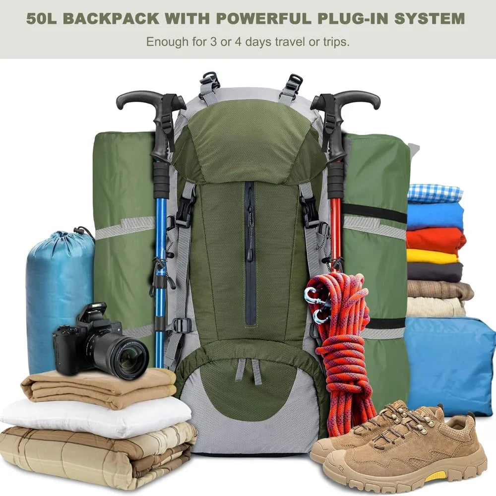 Hiking Backpack 50L, Waterproof Camping Essentials Bag with Rain Cover,