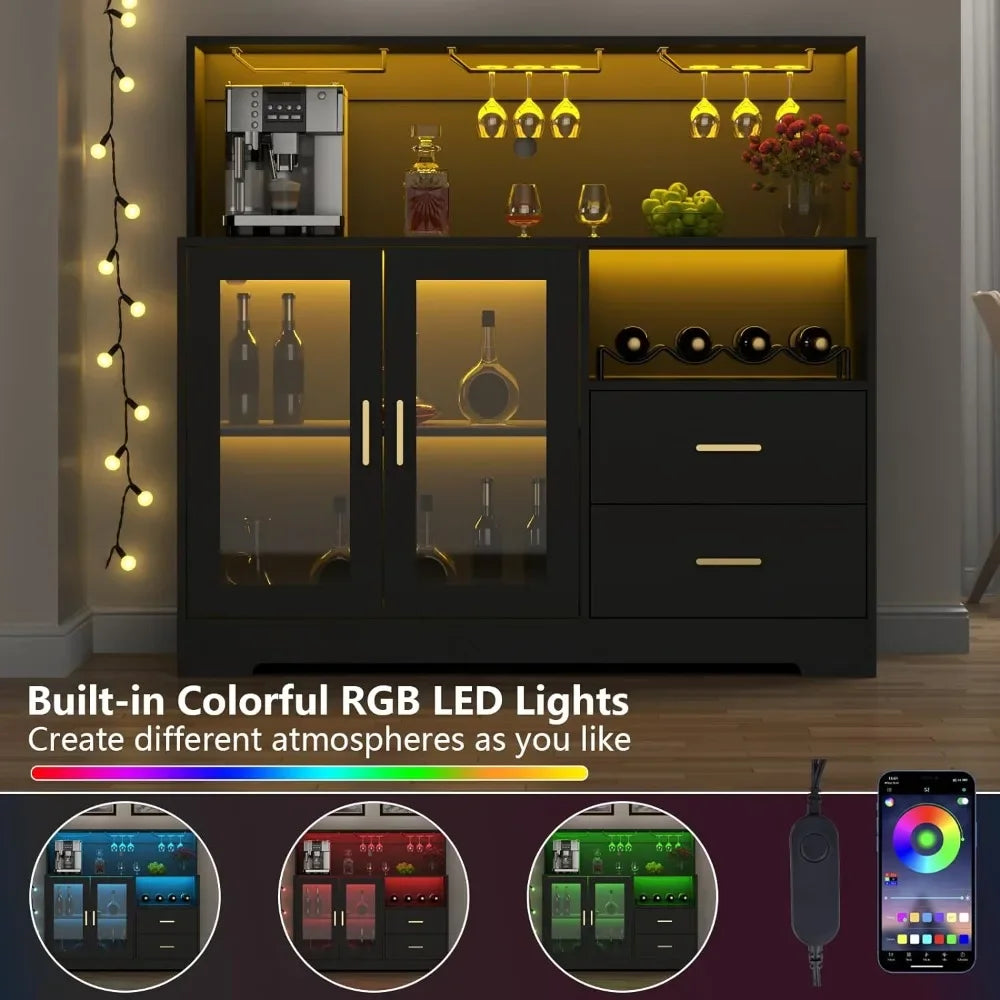 Wine Bar Cabinet with LED Light,  Glass Rack, Modern Liquor Cabinet for Living Room Dining Room