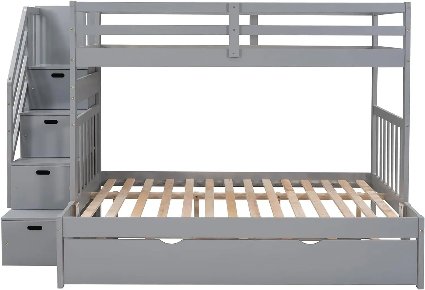 Twin Over Twin/Full Bunk Bed with Stairs Storage and , Solid Wood Stairway Triple Bunkbed, Detachable into 2 Platform