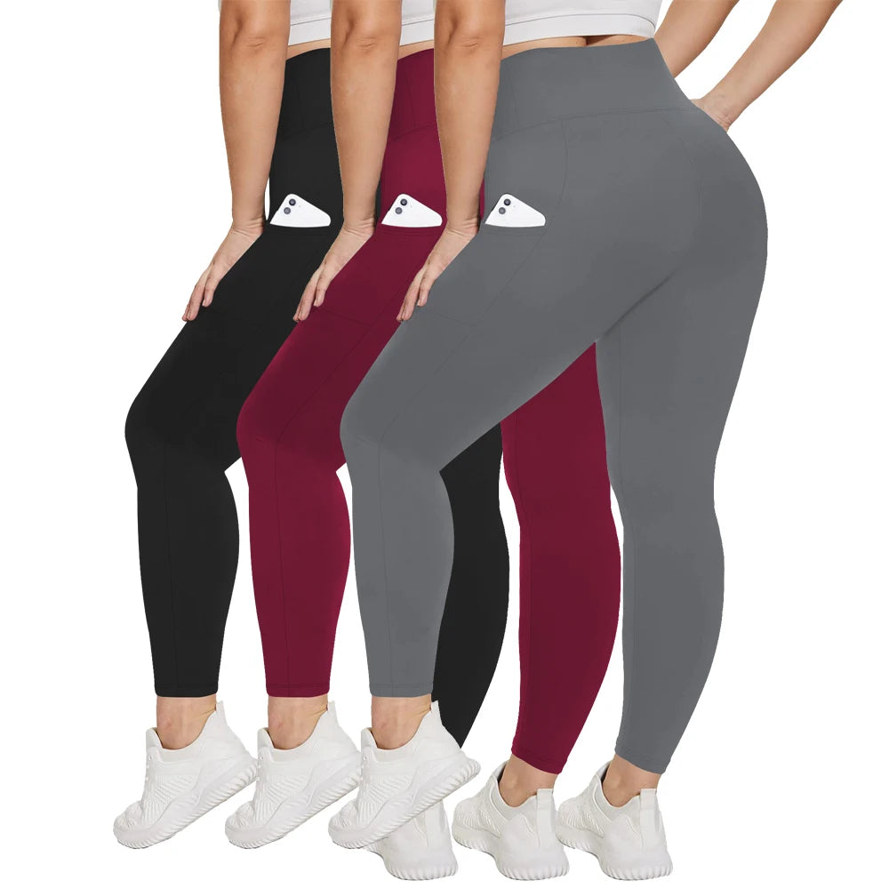 3 Pack Plus Size Leggings With Pockets For Women High Waisted