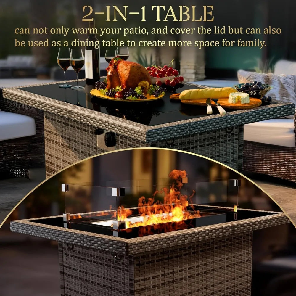 44-Inch Fire Pit Table, Glass Top, Hand Weave Rattan, Wind Guard, Waterproof Cover,