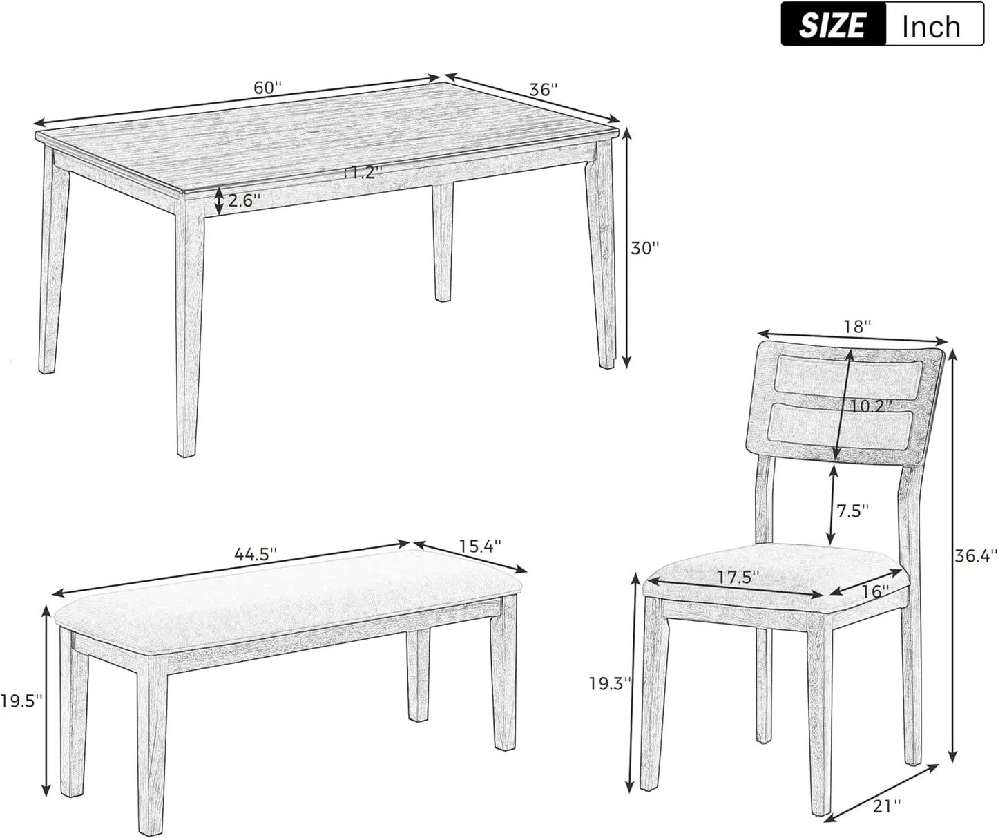 6-Piece, Solid Wood Dining Table Set with 4 Upholstered Chairs &Bench