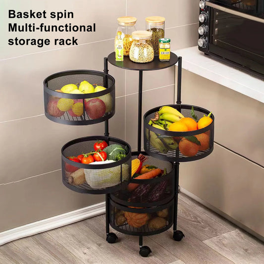 Kitchen Storage Cart 5 Tier Circular Rotating Basket Large Storage Rack 360 Degree