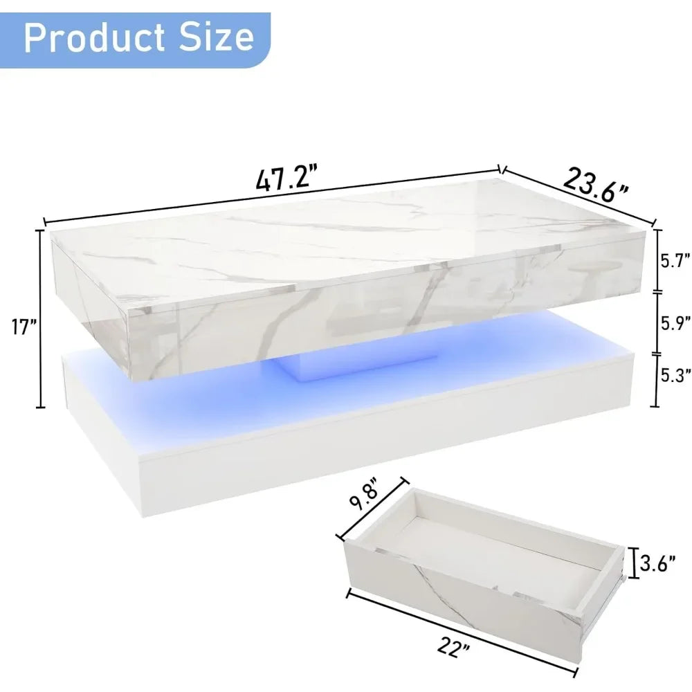 Glossy LED Coffee Table  Living Room Storage Tables with Marbling Print,  Double-Layer