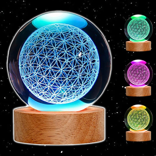 3D Laser Engraved Flower of Life Crystal Ball 16 Color Night Lighting Chakra Healing Grid Flower