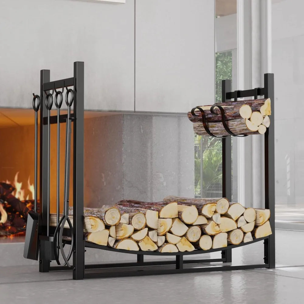 Fireplace Log Rack with Kindling Holder Firewood  Storage