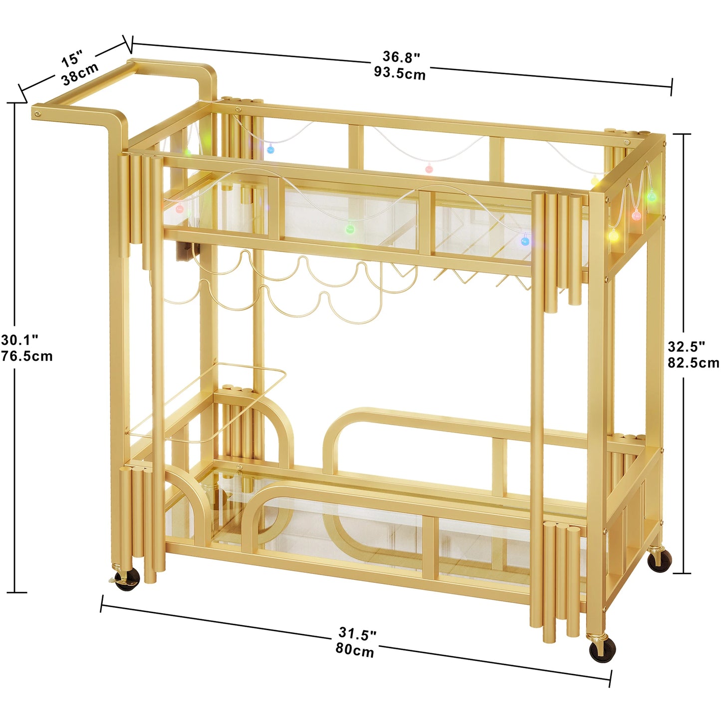 Bar Cart Gold, Home Bar Serving Cart with Led Bulb and Wine Rack Glass Holders,