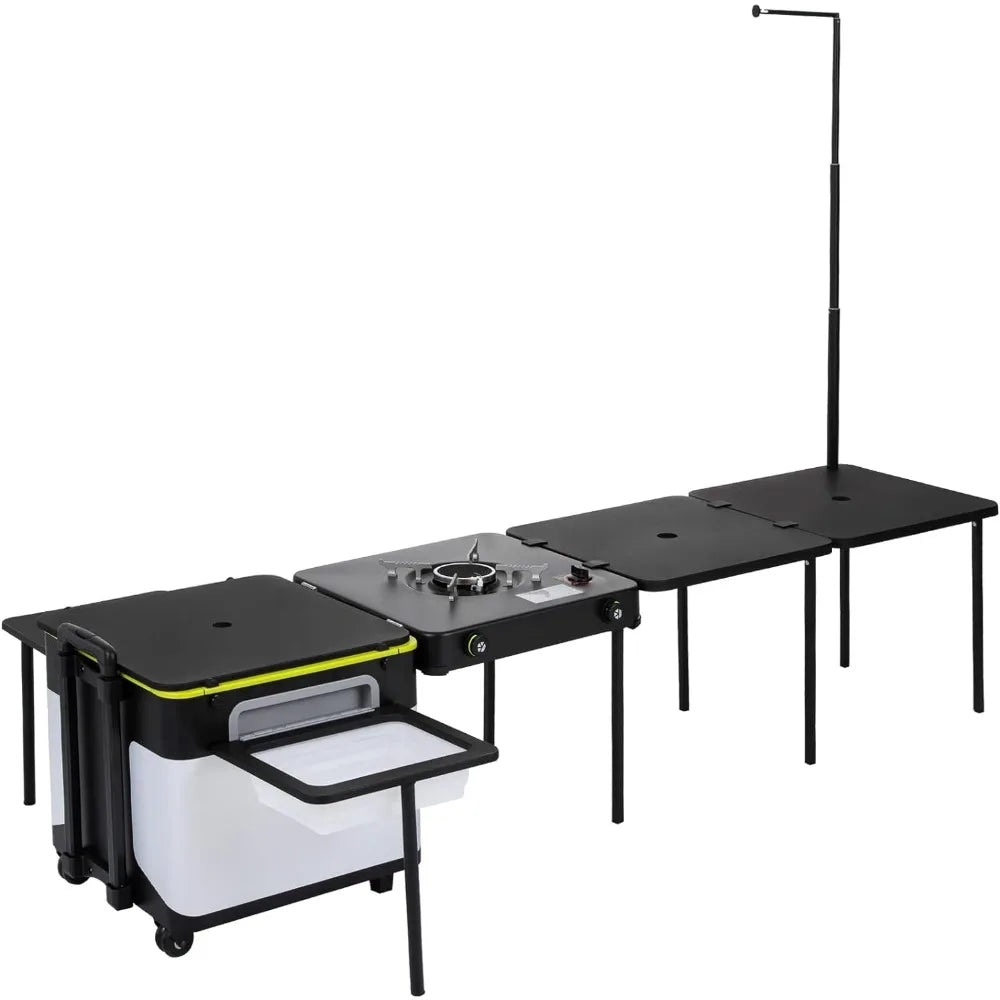 Camping table, outdoor cooking station multifunctional integrated box with wheels and windproof stove portable folding table