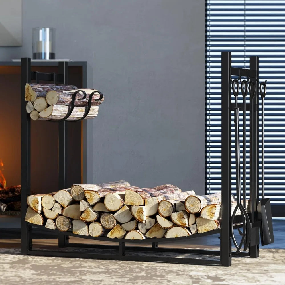 Fireplace Log Rack with Kindling Holder Firewood  Storage