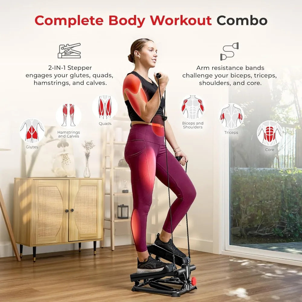 Advanced Mini Steppers for Exercise at Home, Total Body Workout Stair Step Machine with Resistance Bands