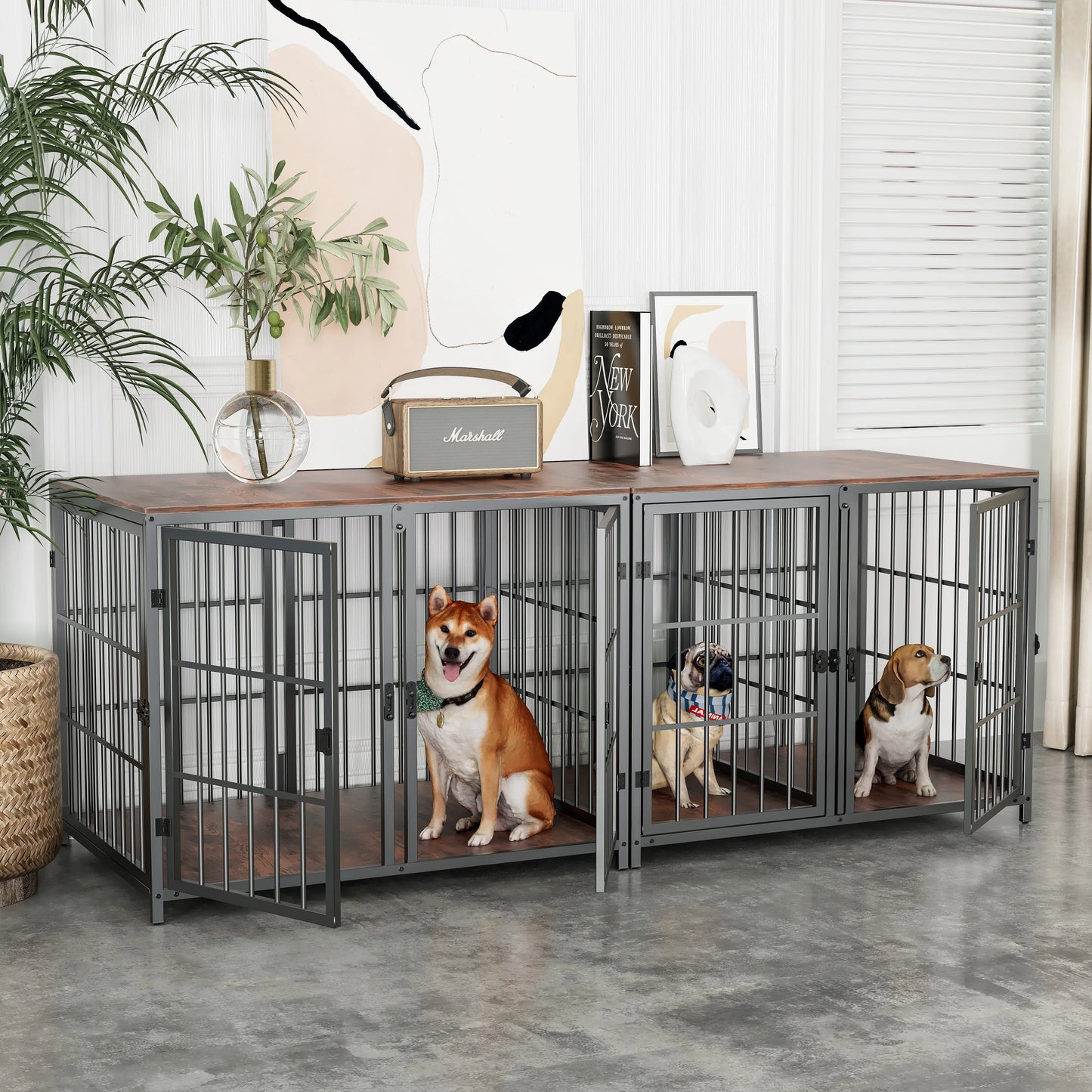 Heavy Duty Dog House End Table Furniture with Four Doors and Lock Latches Divider Wood