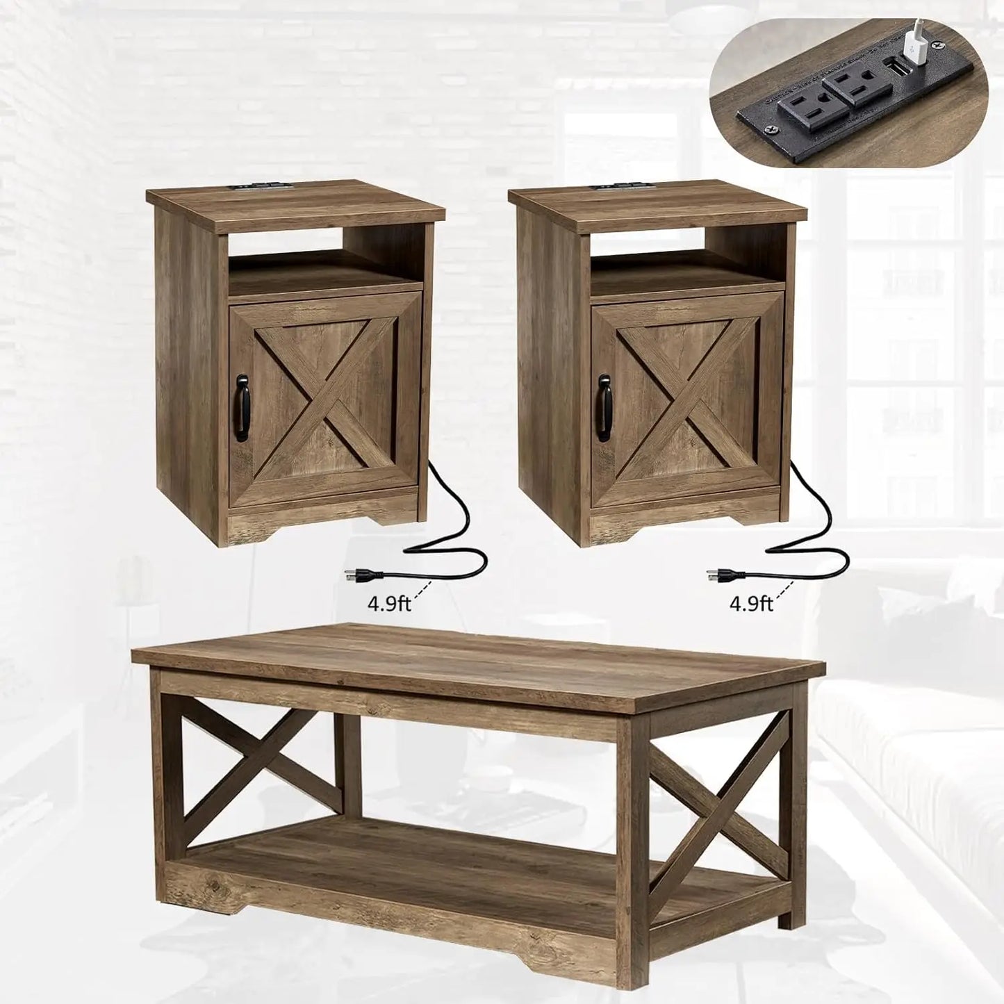 3-Piece Table Set Includes Coffee Table& Two End Tables, Side Table with Charging Station