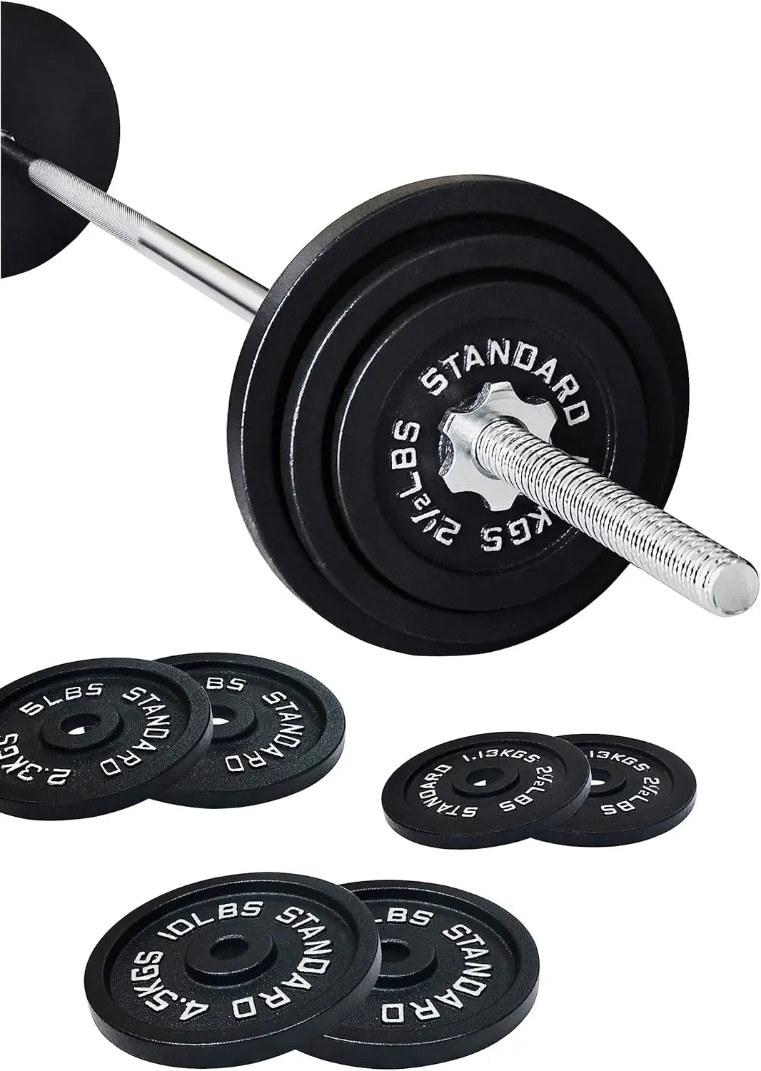 Fitness Cast Iron Standard Weight Plates Including 5FT Standard Barbell with Star Locks, 45-Pound Set