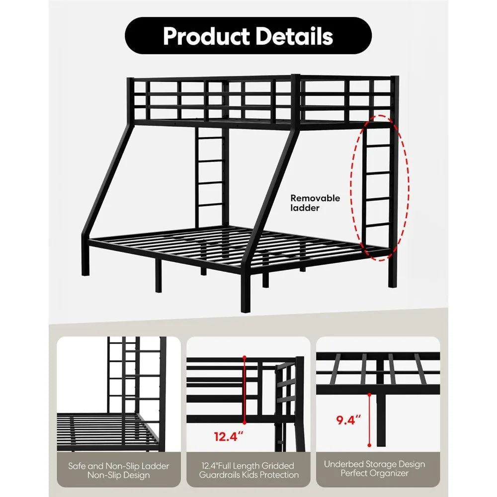 Twin XL Over Queen Bunk Bed, Heavy Duty  Bunk  Safety Side Ladder and Full Length High Guardrail