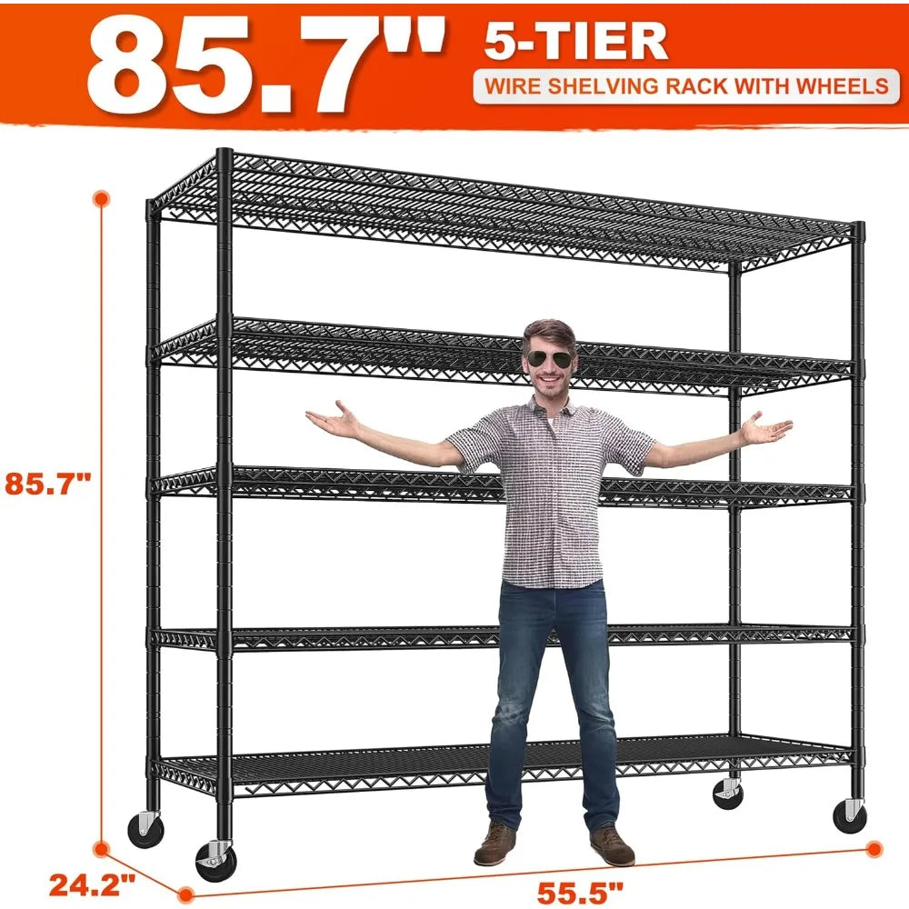 85.7"H Storage Shelves 3000LBS 5 Tier Wire Shelving Unit with Wheels 55.5" W Heavy Duty