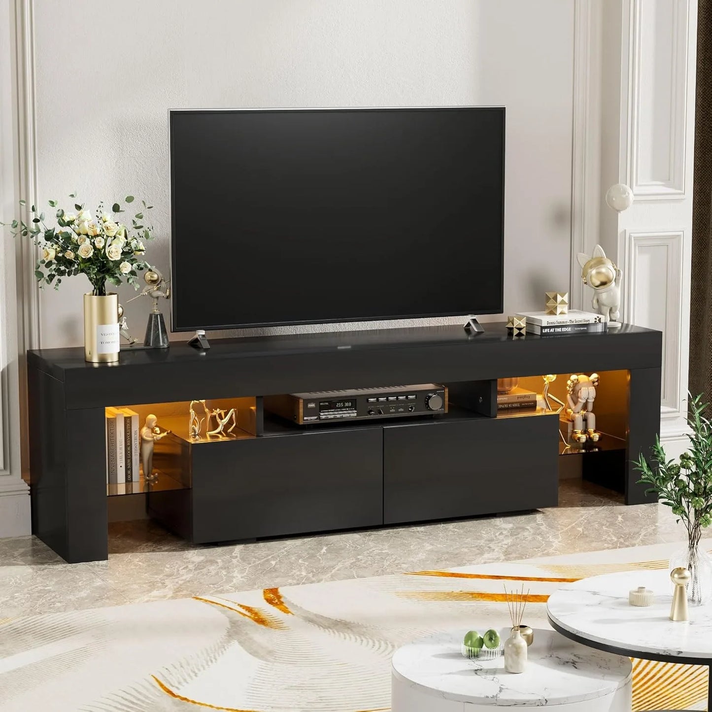 LED TV Stand for Televisions up to 70 In w/ Glass Shelves &  Drawer w/ Multiple Dynamic