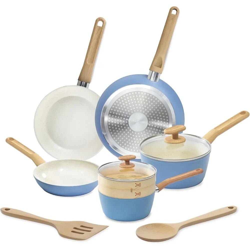 Ceramic Titanium-Infused Cookware Set,Light Blue–Pots,Pans,Steamer,Spoon&Turner–Induction Cookware Kitchen Pots Pans Set