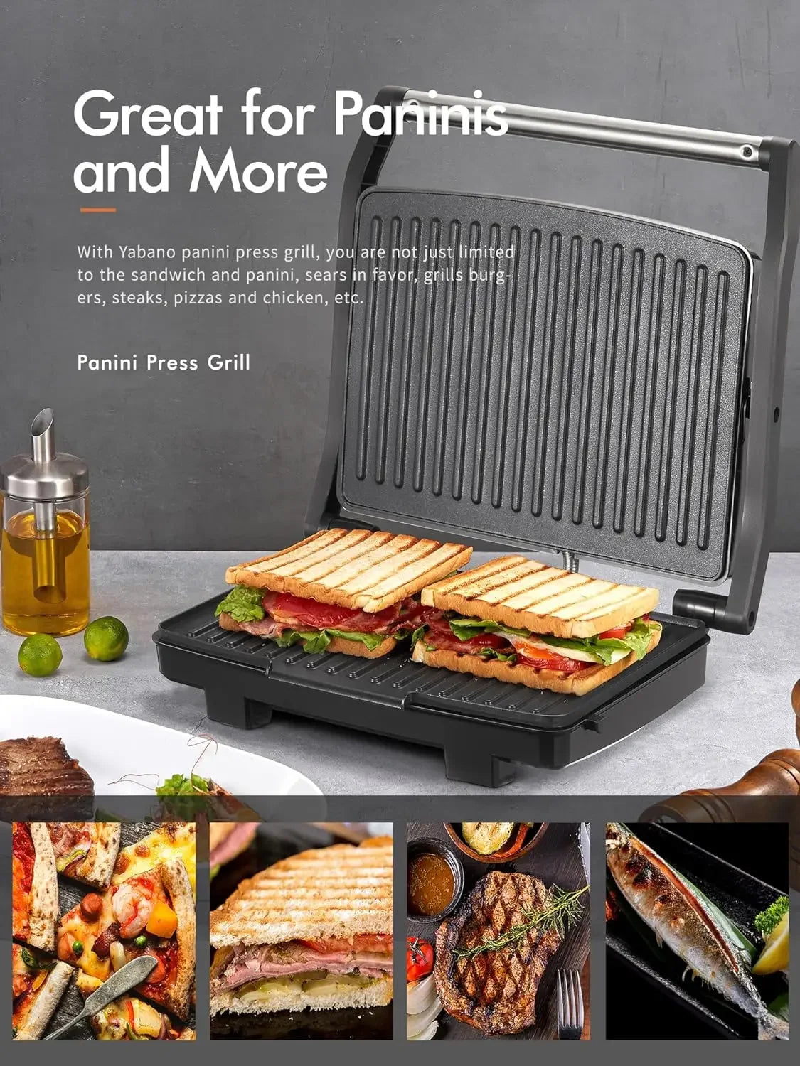 Panini Press Grill, Gourmet Sandwich Maker, Electric Indoor Grill with Non-Stick and Removable Drip Tray