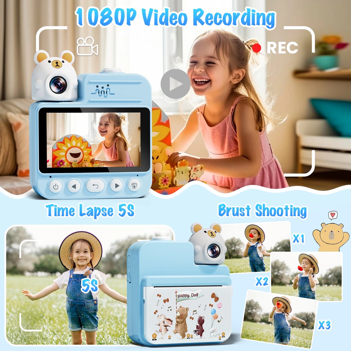 Kids Camera Instant Print, 3.0''  with 32G Card & 3 Print Paper, 1080P HD Kids 3-12 Years