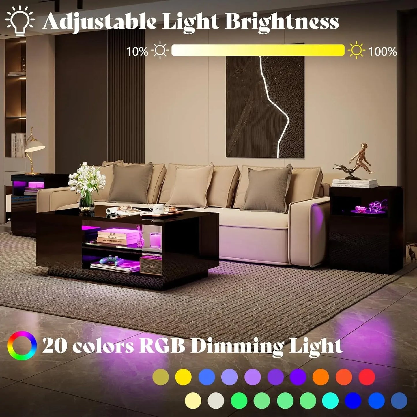 3-Piece  Table Set, Coffee Table with 20-Color LED Lights, 2 End Tables with Wireless Charging Station