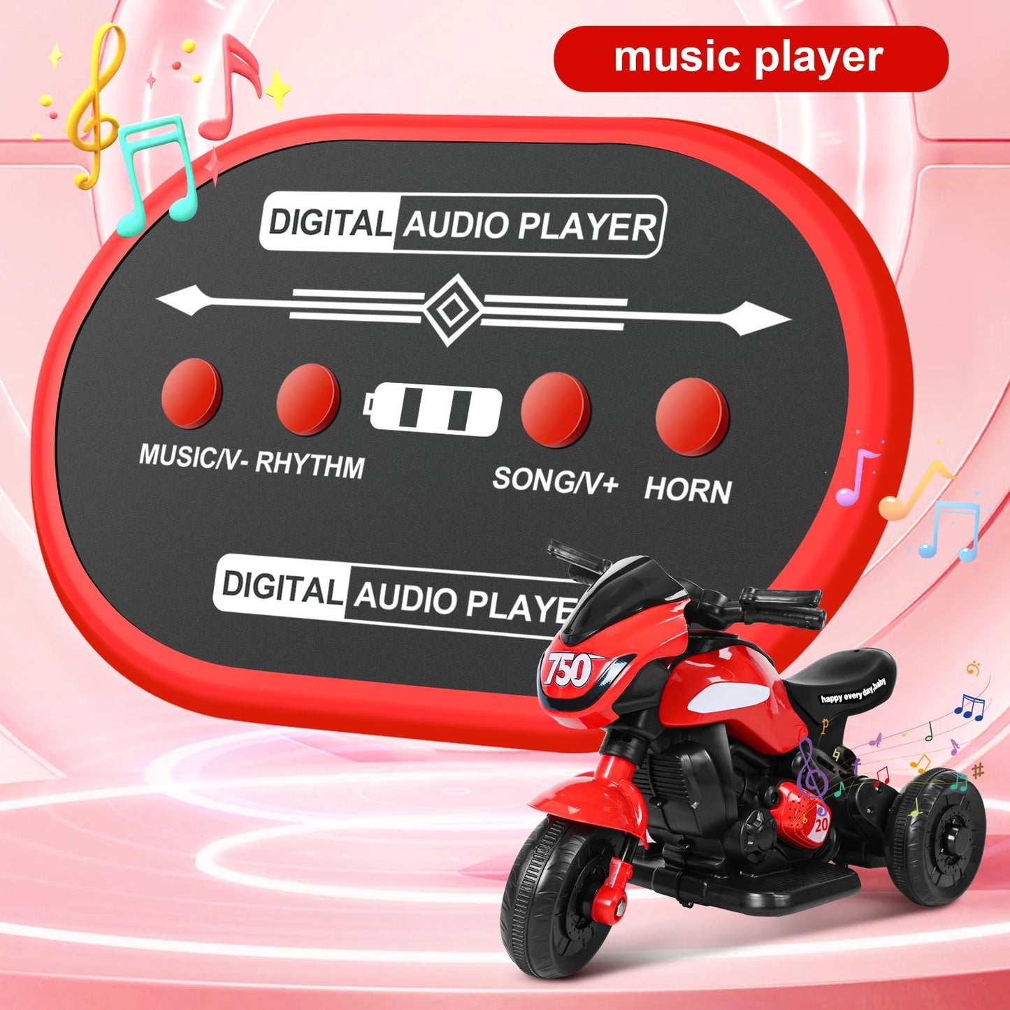 Kids Electric Tricycle Motorcycle Ride-on 3-Wheel Battery Powered Motorbike for Kids 1-6, Bluetooth