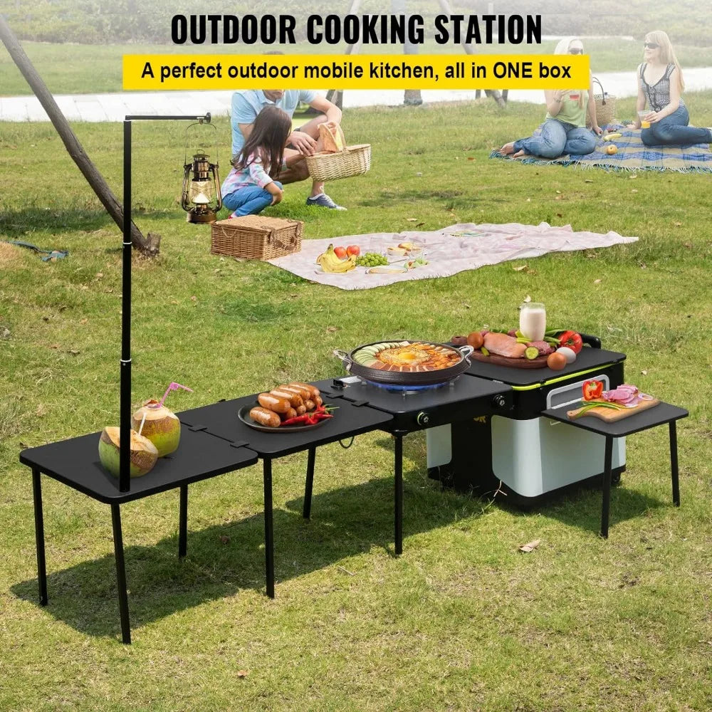 Camping table, outdoor cooking station multifunctional integrated box with wheels and windproof stove portable folding table