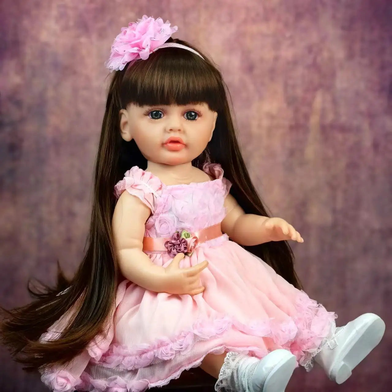 Reborn Baby Doll Realistic 55 cm Full Silicone Vinyl Body Long Brown Hair