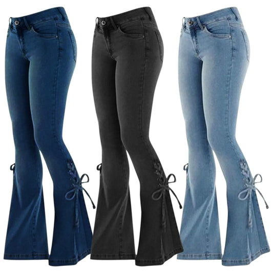 Denim Flared Pants Y2K High Street Lace-Up Jeans Streetwear Women Solid Color