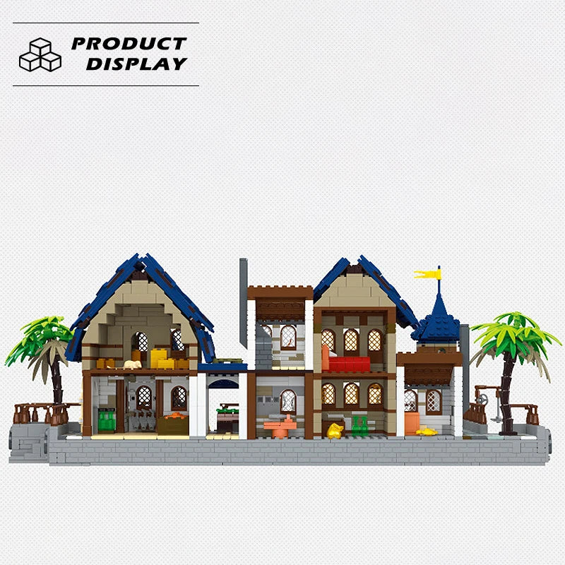 Street View Medieval Harbor Building Block,  House Assembly Model City Bricks With Lights Toys For Kids