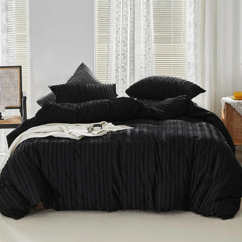 Cover Set Queen Size, Striped Textured Duvet Bedding Set, 3 Pcs Ultra Soft