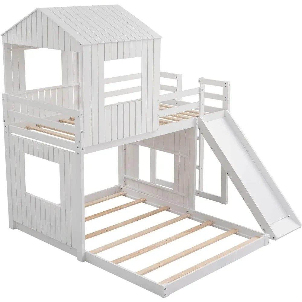 House Bunk Beds with Slide,Wood with Roof and Guard Rail for Kids,Toddlers,No Box Spring